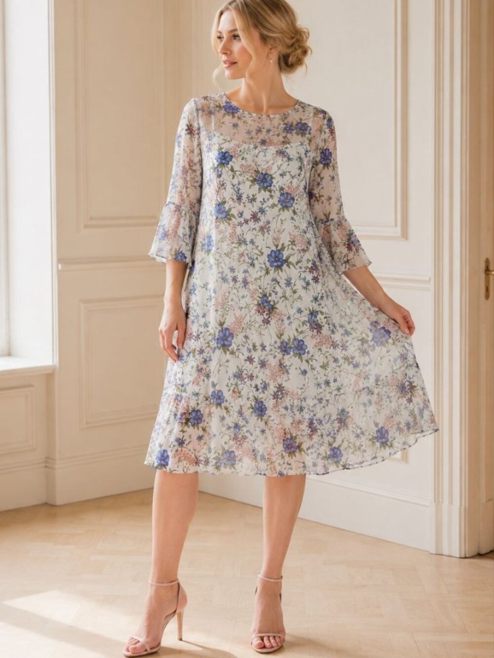 Pietro Brunelli Milano Italian Floral Chiffon Midi Dress Romantic Cottagecore